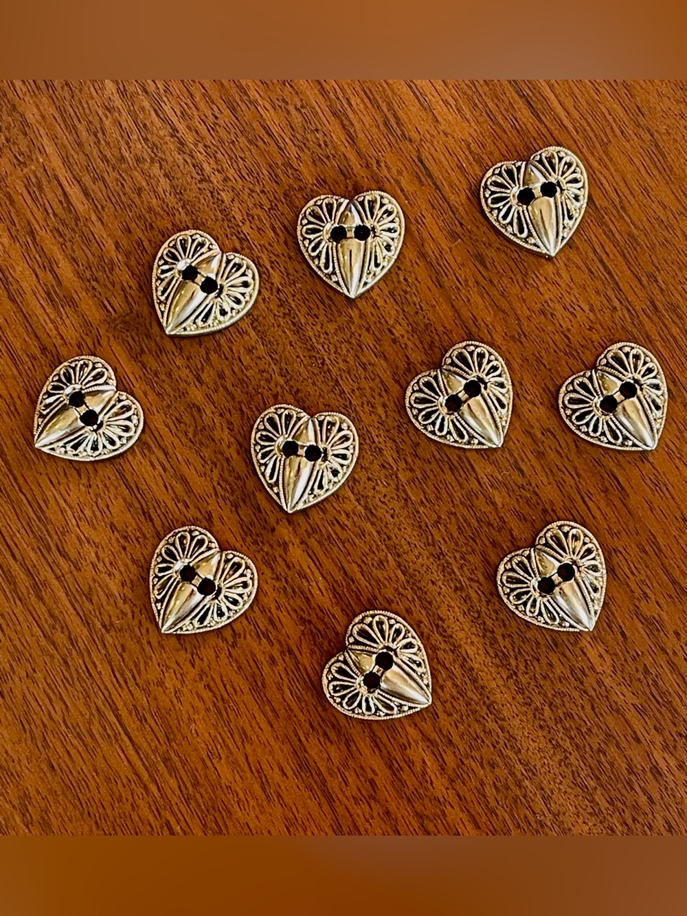 Vintage 1980s Heart Shaped Gold Finish Buttons Sew Through Plastic NOS Set of 10